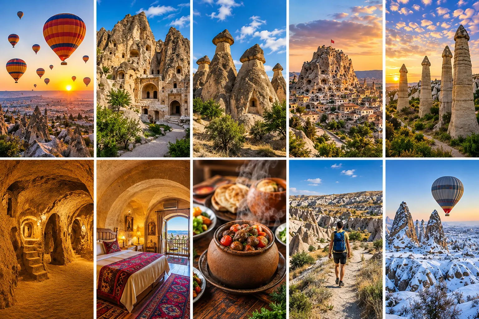 Cappadocia travel scenes with balloons, valleys, cave rooms, underground spaces and local food