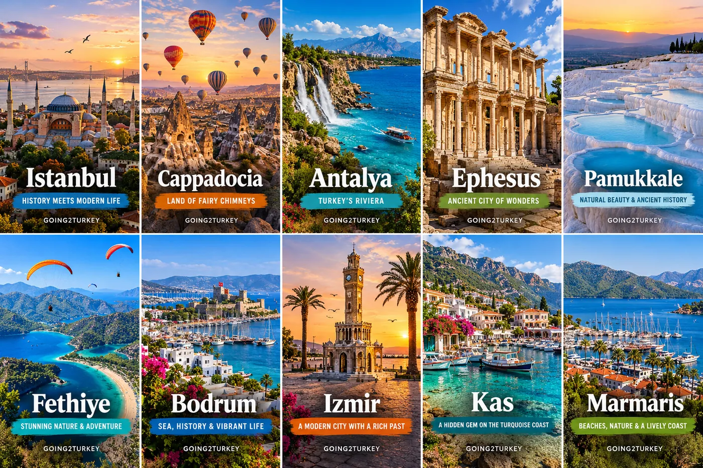 Turkey first-time itinerary destinations including Istanbul, Cappadocia, Antalya, Ephesus, Pamukkale, Fethiye, Bodrum and Marmaris