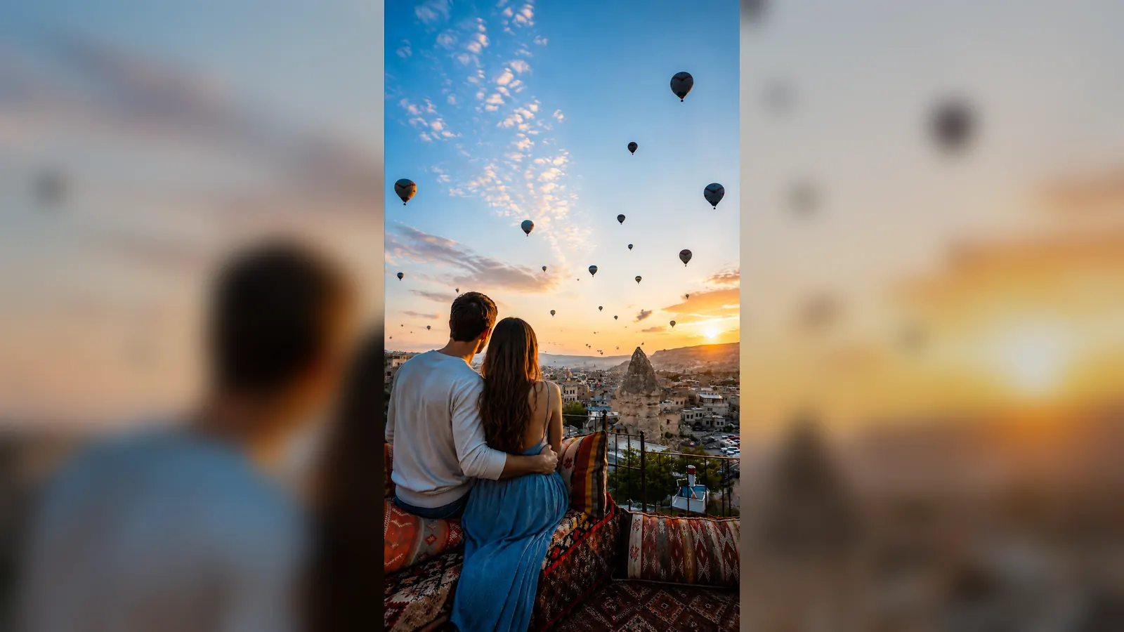 Couple watching hot air balloons at sunrise in Cappadocia