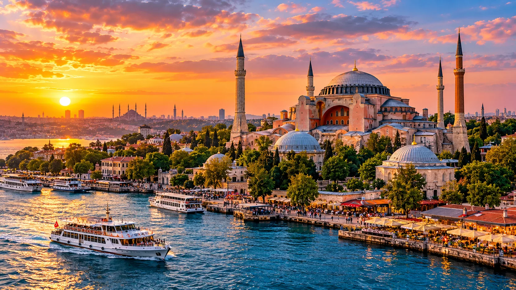Istanbul skyline at sunset at the start of a 7-day Turkey itinerary