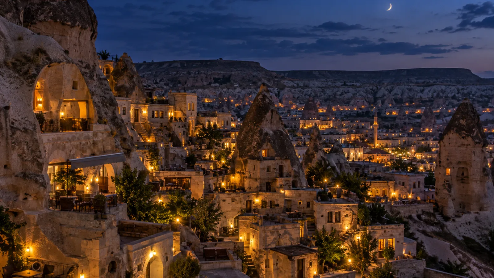Cappadocia at night for a Turkey winter travel guide