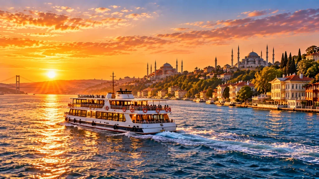 Ferry crossing the Bosphorus at sunset
