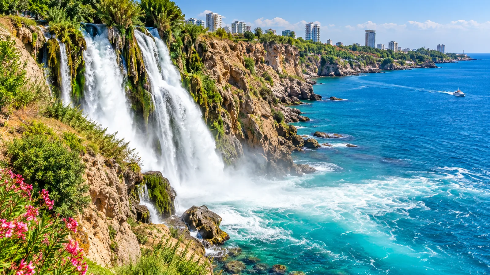 Duden Waterfalls meeting the Mediterranean coast