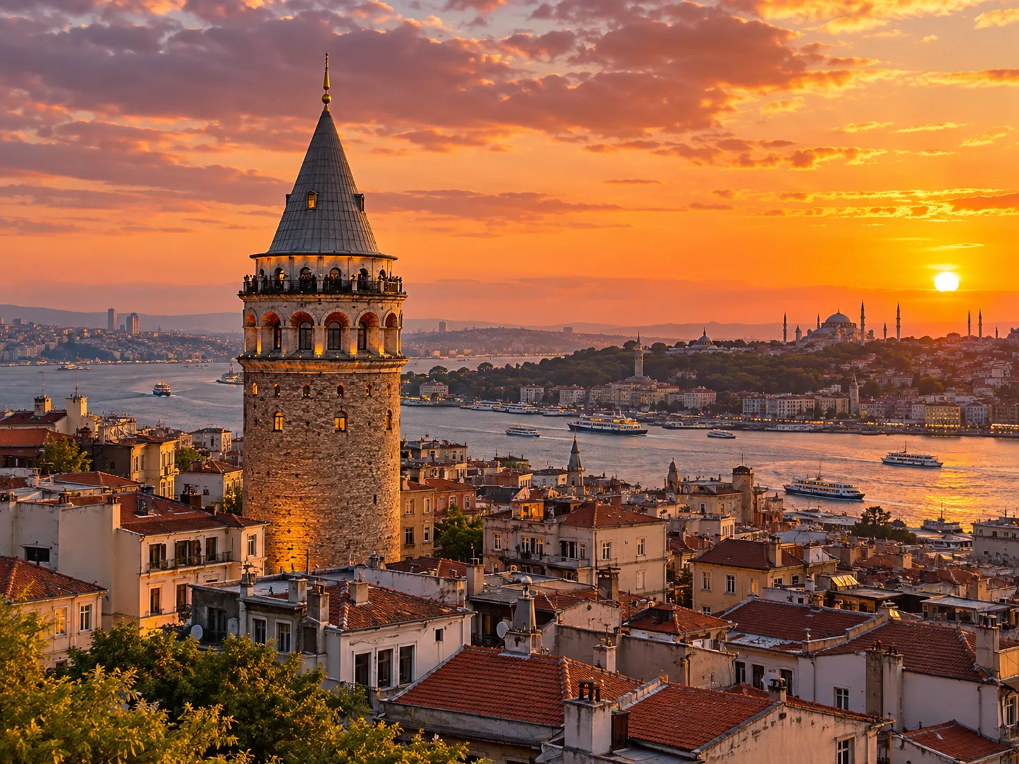Galata Tower rising above Istanbul rooftops at sunset