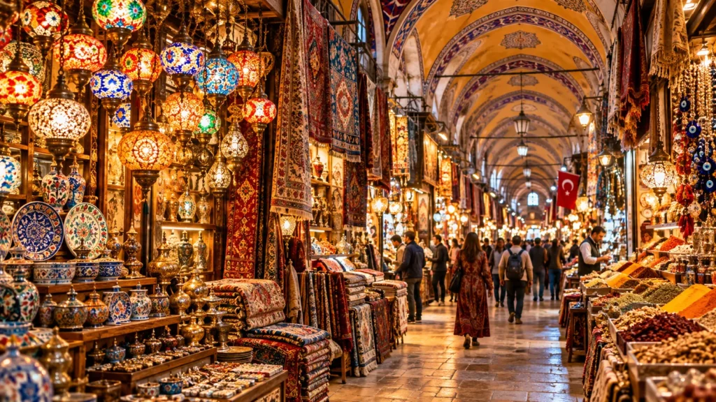 Grand Bazaar colourful shops and lamps in Istanbul