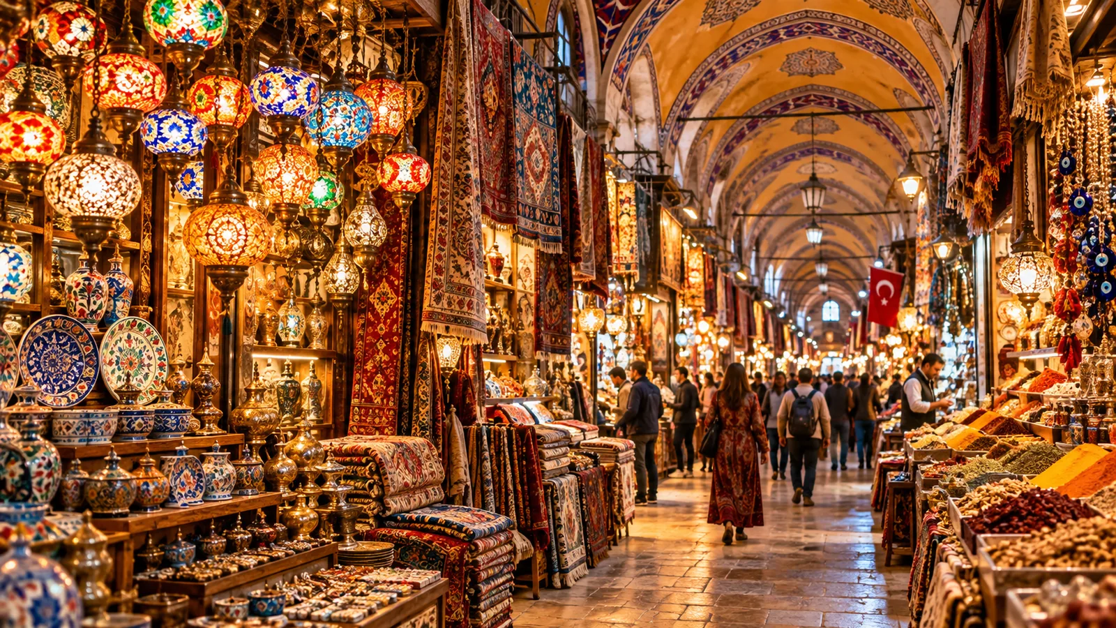 Grand Bazaar colourful shops and lamps in Istanbul