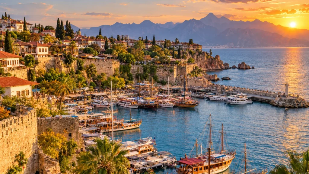 Kaleici old town and Antalya harbour at golden hour