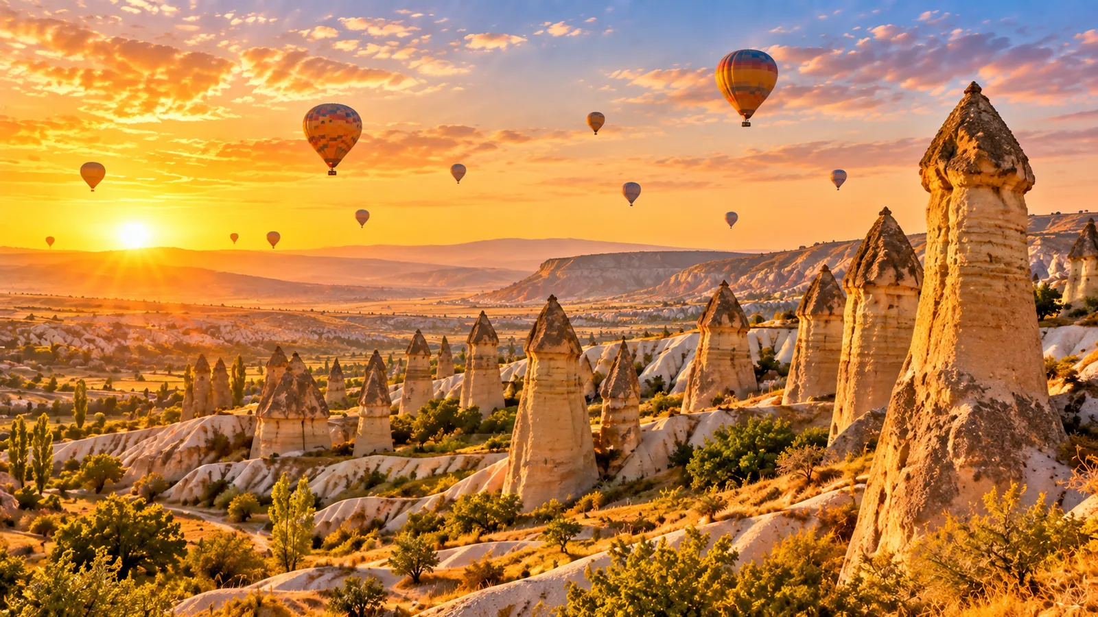 Love Valley rock formations and balloons at sunrise