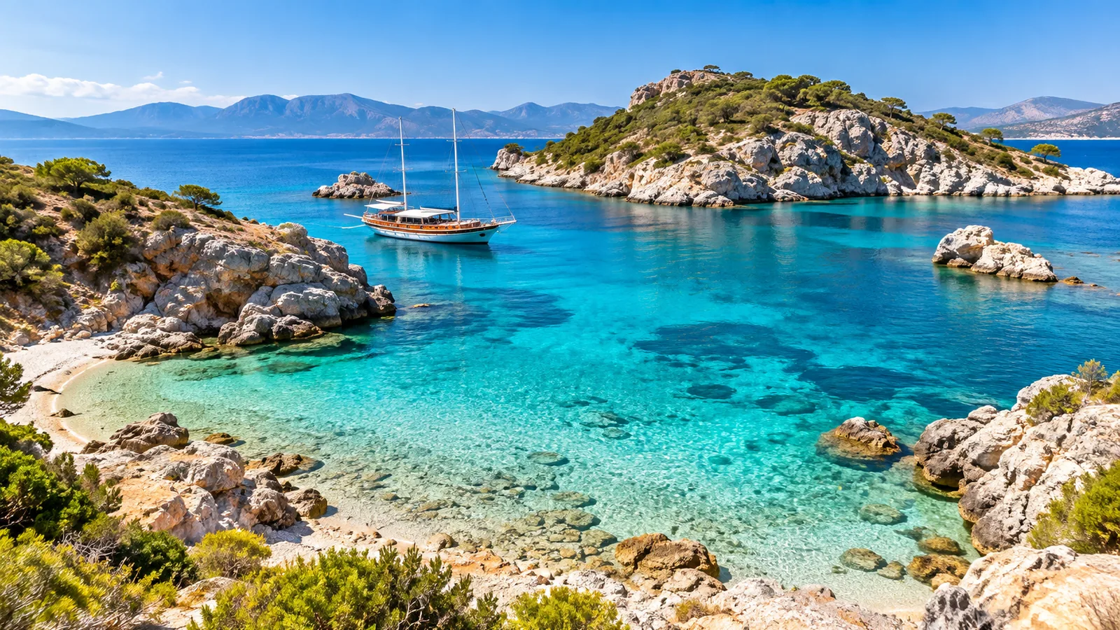 Orak Island turquoise bay and wooden gulet
