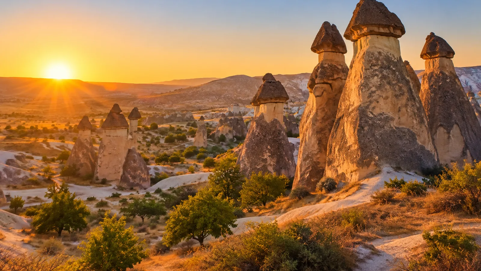 Pasabag fairy chimneys in Cappadocia at golden hour