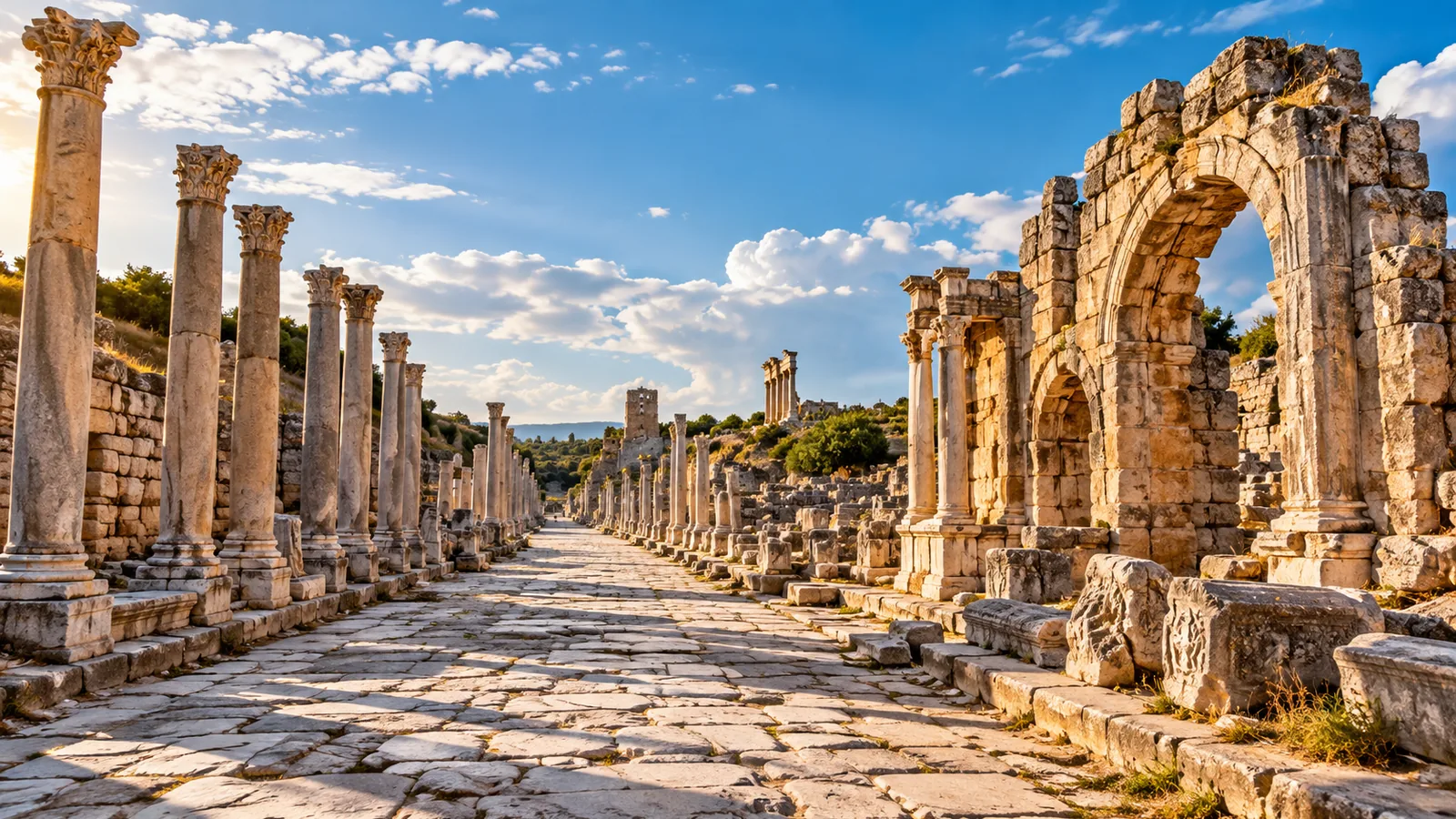 Ancient colonnaded street and ruins at Perge