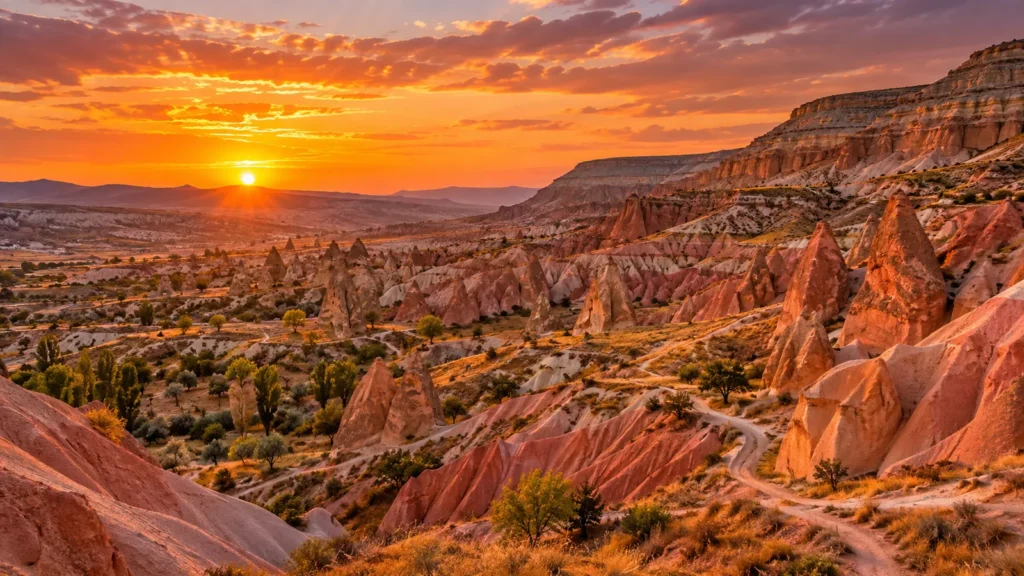 Red and Rose Valleys in Cappadocia at sunset