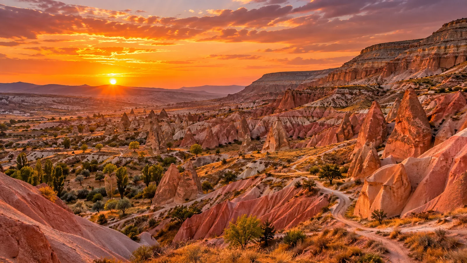 Red and Rose Valleys in Cappadocia at sunset