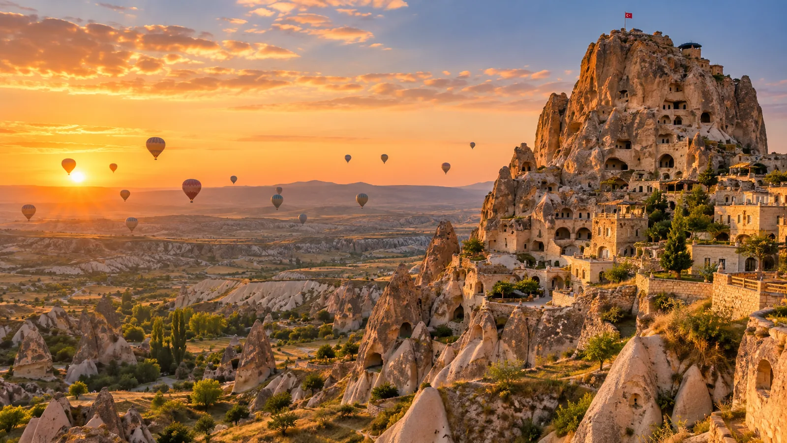 Uchisar Castle and Cappadocia landscape at sunrise