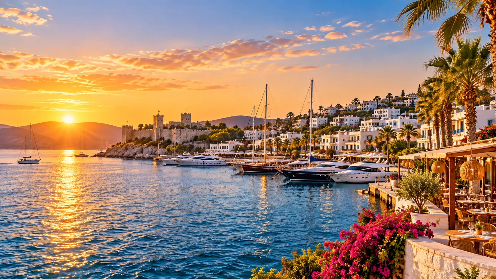Bodrum harbour, castle and Aegean coast at sunset