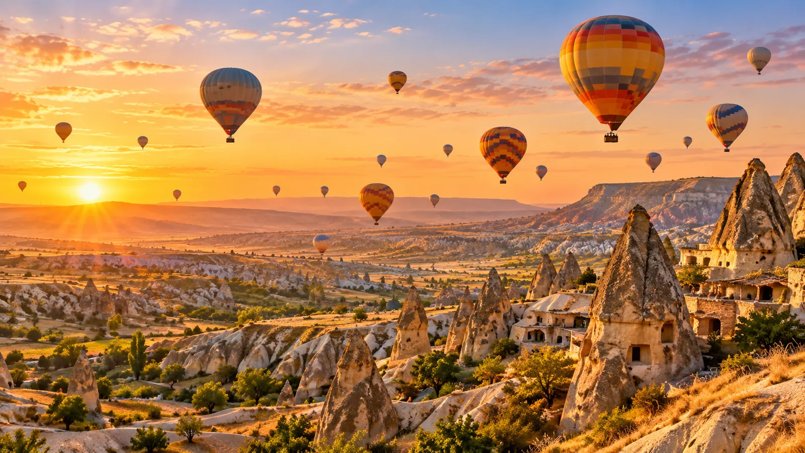 Cappadocia fairy chimneys and hot air balloons at sunrise