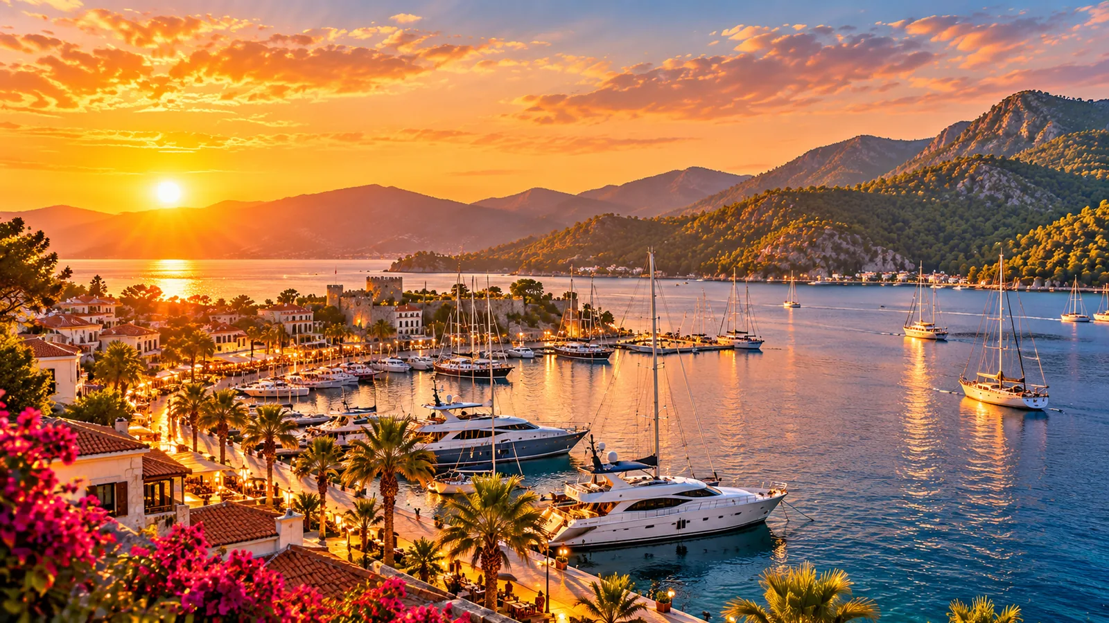 Marmaris harbour, marina and green hills on the southwest coast of Turkey