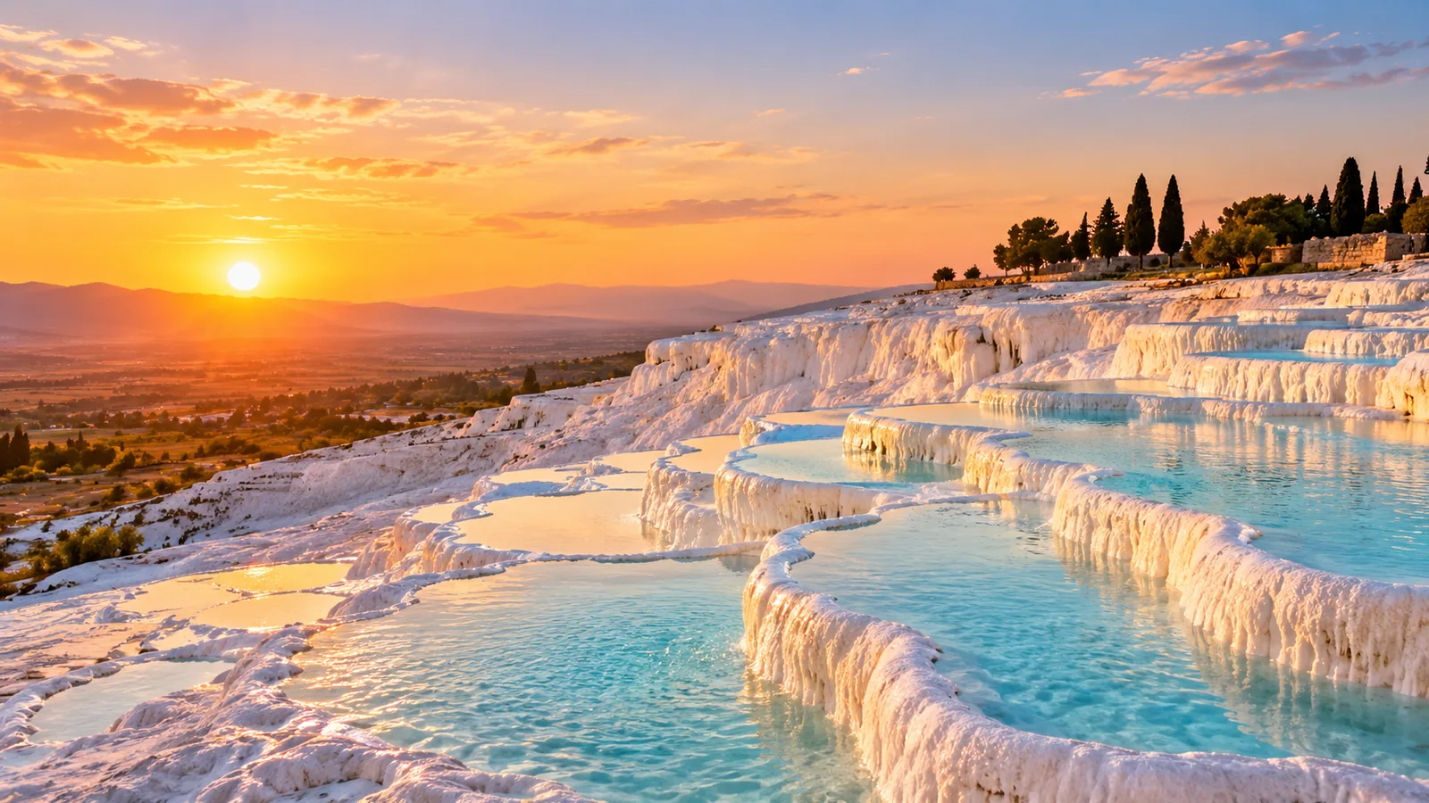 Pamukkale white travertine terraces and Hierapolis at sunset