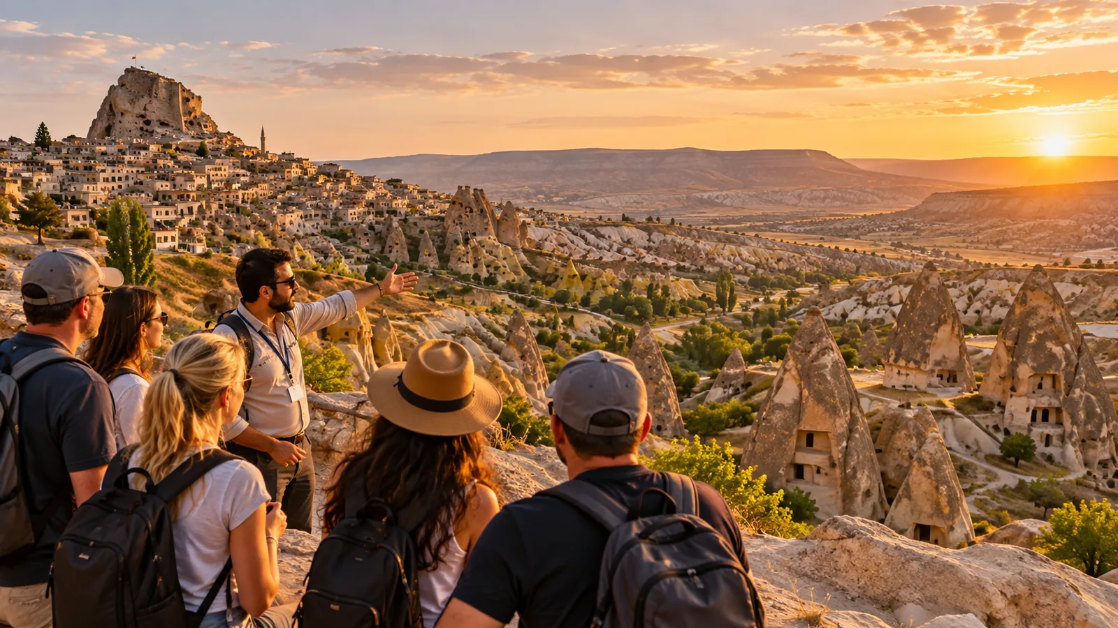 Cappadocia Red Tour guide and travellers overlooking fairy chimneys