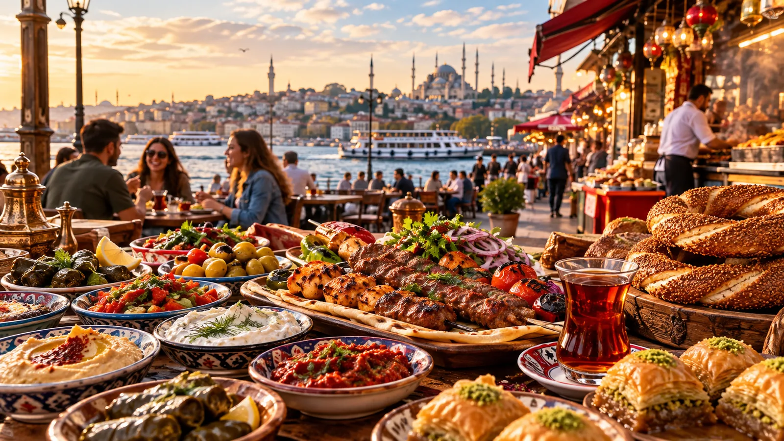 Turkish food tour spread by the Istanbul waterfront